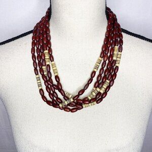 Vintage Multi-Color 5-Strand Artsy Boho Wooden Bead  Necklace 20”